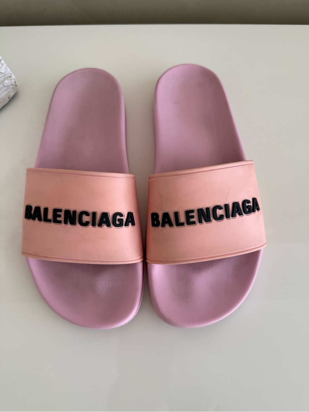 Balenciaga Peach Strap Pink Footbed Logo Slides - Picture 3 of 4